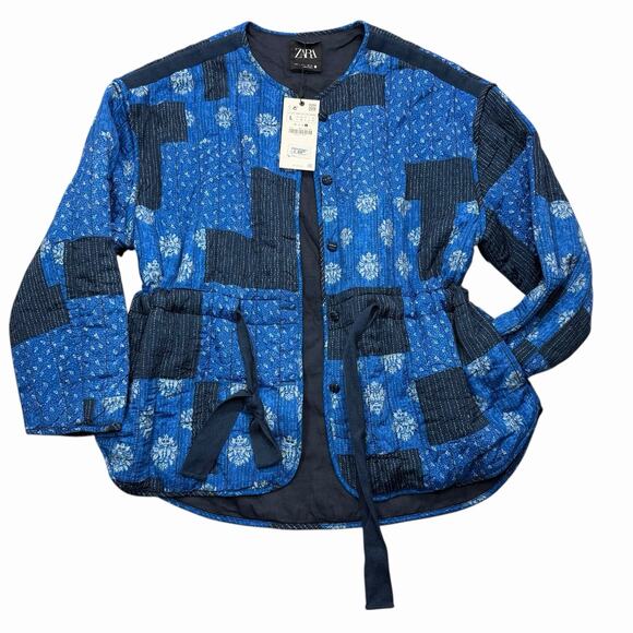 ZARA Vented Quilted Patchwork Jacket Womens L Blue Floral Waist Tie Boho Indie - Picture 1 of 13